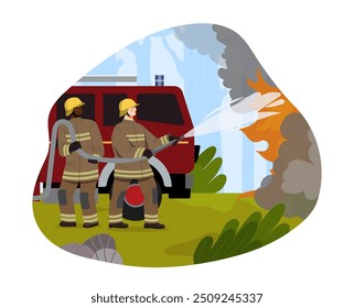 Firemen with watering hose. Two men in uniform with flame at forest. Emergency workers rescue from fire. Safety and protection. Flat vector illustration isolated on white background