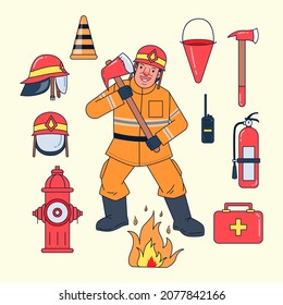 Firemen and work equipment such as fire suits, fire helmets, traffic cones, axes, water tanks, radios, fire extinguishers, fire hydrants, flames, first aid kits,