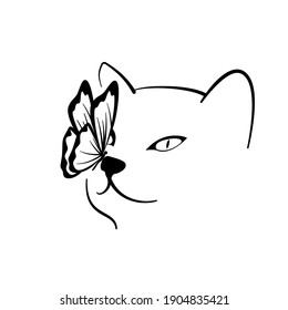 Firendly cat vector vector line art white background  Cat portrait and butterfly its nose  Vector for logotypes  crafts  prints 