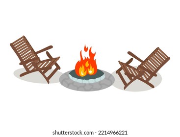 Firepit with wooden chairs around it.  Bonfire on the street. Colored vector illustration isolated on white background