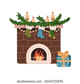 Fireplace adorned with fir-tree branches and candles flat color vector object. Cozy Christmas ambience illustration on white background