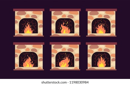 Fireplace animation. Home retro fireplaces with fire. Cartoon christmas and interior vector decoration. Fireplace interior decoration, animation bright burning illustration