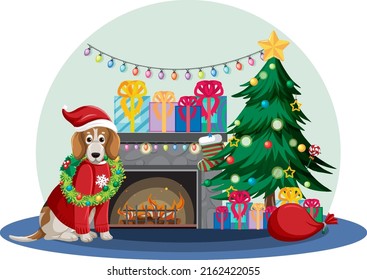 Fireplace with Beagle dog and Christmas tree illustration