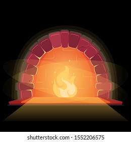 Fireplace in beautiful style. Vector design element. Flat closeup on black backdrop. Home house interior decore. Winter interior bonfire. Flame, fire, illustration. Cozy warm relax place concept.