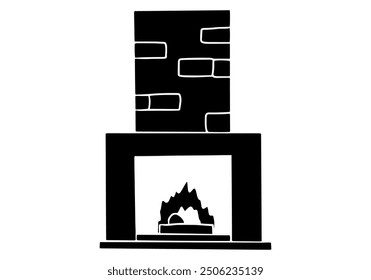 Fireplace with brick chimney with burning fire silhouette vector illustration. Isolated on white background