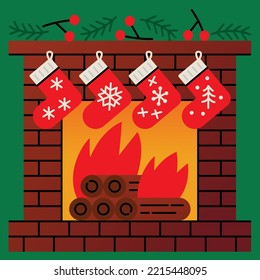 Fireplace of brick decorated with red socks for Christmas.