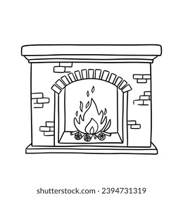 Chimenea con fuego ardiente. Simpático símbolo de la calidez y las tradiciones familiares. Ilustración de doodle de línea dibujada a mano aislada en blanco