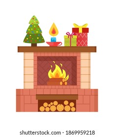 Fireplace with burning fire, decorated spruce tree, burning candle and wrapped presents gifts vector isolated icon. Piles of bricks underneath, Christmas