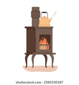 Fireplace with burning fire and kettle on stove. Cozy warm home heating, fireside. Flame in old hearth, metal furnace in vintage retro style. Flat vector illustration isolated on white background