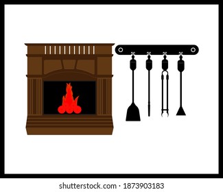 chimenea con fuego en llamas y herramienta de chimenea sobre fondo blanco