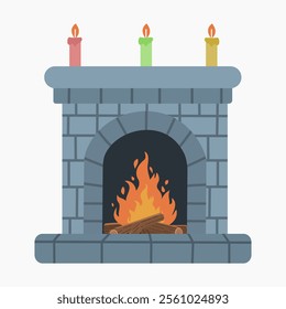 Fireplace with burning firewood and candles vector illustration isolated on white background	