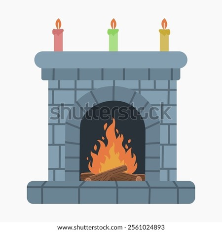 Fireplace with burning firewood and candles vector illustration isolated on white background	