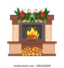 Fireplace with burning logs decorated with branches vector. Stars origami and lollipop candies decor, pine tree needles, snowflake Christmas holiday