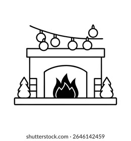 a fireplace with burning logs and garland on mantl