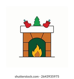 fireplace with burning logs green garland