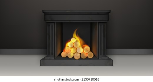 Fireplace With Burning Woods, Black Marble Or Gypsum Chimney, Classic Fire Place With Flaming Logs, Home Interior Decor, Vintage House Design, Cozy Heating System, Realistic 3d Vector Illustration