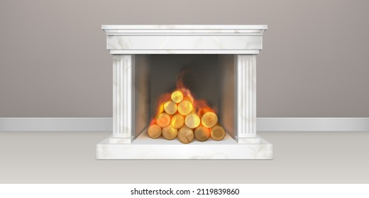 Fireplace With Burning Woods, White Marble Or Gypsum Chimney, Classic Fire Place With Flaming Logs, Home Interior Decor, Vintage House Design, Cozy Heating System, Realistic 3d Vector Illustration