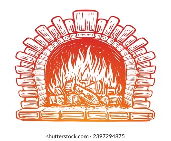 Fireplace burns with wood, vector illustration. Warm cozy home Christmas time