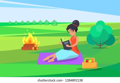 Fireplace by woman sitting on blanket reading book vector. Log wood burning bonfire, nature and bush. Lady relaxing with hobby pastime of calm person