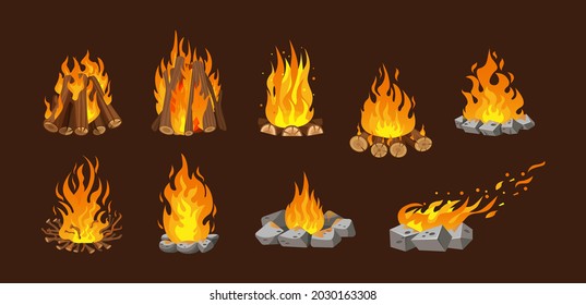 Fireplace, campfire, bonfire different types set. Burning flame on wood. Night outdoor bonfire of branches, firewood flames, bonfire flame. Burning energy on firewood and stones cartoon vector