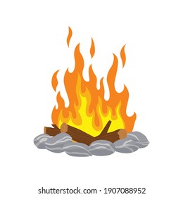 Fireplace campfire. Burning fire travel and adventure symbol. Vector bonfire or woodfire in cartoon flat style. A tourist bonfire in the stone border