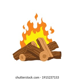 Fireplace campfire. Burning fire travel and adventure symbol. Vector bonfire or woodfire in cartoon flat style. A tourist bonfire with stack of wood