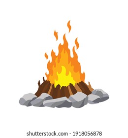 Fireplace campfire. Burning fire travel and adventure symbol. Vector bonfire or woodfire in cartoon flat style. A tourist bonfire in the stone border