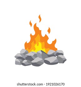 Fireplace campfire. Burning fire travel and adventure symbol. Vector bonfire or woodfire in cartoon flat style. A tourist bonfire in the stone border