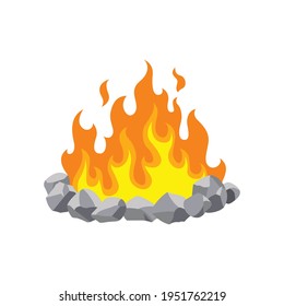 Fireplace campfire. Burning fire travel and adventure symbol. Vector bonfire or woodfire in cartoon flat style. A tourist bonfire in the stone border