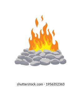 Fireplace campfire. Burning fire travel and adventure symbol. Vector bonfire or woodfire in cartoon flat style. A tourist bonfire in the stone border