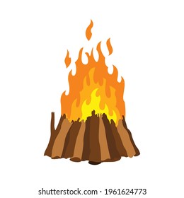 Fireplace campfire. Burning fire travel and adventure symbol. Vector bonfire or woodfire in cartoon flat style. A tourist bonfire in the form of stack hut pyramid well blazing with yellow-red fire