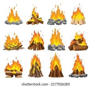 Fireplace campfire different types. Burning wood collection, travel and adventure symbol. Vector bonfire or woodfire in cartoon flat style set. Tourist bonfires in the diferent form of stack