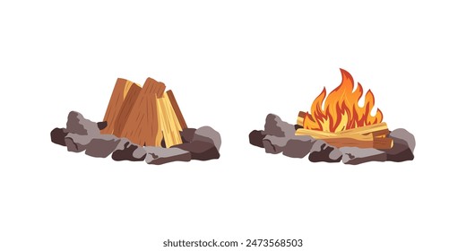 Fireplace campfire different types. Burning wood collection, travel and adventure symbol. Vector bonfire or woodfire in cartoon flat style set. A tourist bonfires in the different form of stack