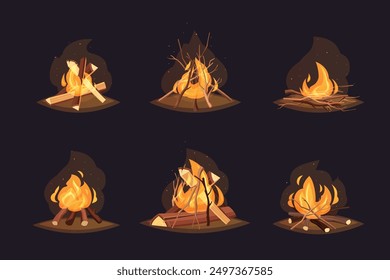 Fireplace campfire different types. Burning wood collection, travel and adventure symbol. Vector bonfire or woodfire in cartoon flat style set. A tourist bonfires in the diferent form of stack