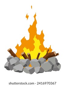 Fireplace campfire type. Burning wood, travel and adventure symbol. Vector bonfire or woodfire in cartoon flat style. Tourist bonfires in stack