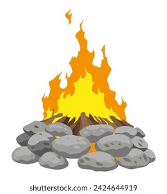 Fireplace campfire type. Burning wood, travel and adventure symbol. Vector bonfire or woodfire in cartoon flat style. Tourist bonfires in stack