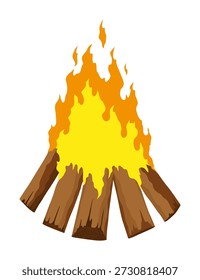 Tipo de fogueira do acampamento Lareira. Queimando madeira, viagem e símbolo de aventura. Fogueira de vetor ou woodfire em estilo de desenho animado plano. Fogueiras turísticas em pilha