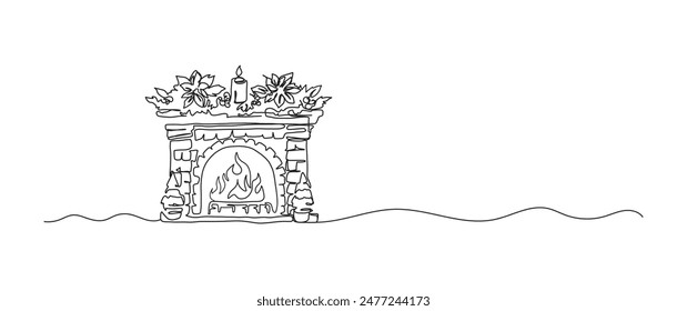 Fireplace and candle continuous one line drawing, single line art element, minimalist sketch line vector illustration, christmas winter new year concept