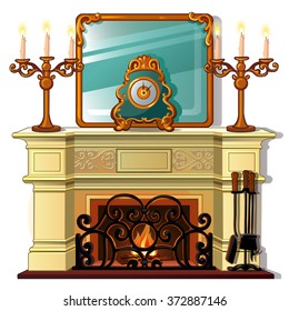 Fireplace and candlesticks isolated on white background. Vector cartoon close-up illustration.