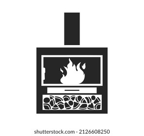 Fireplace with chimney pipe and burning firewoods icon or symbol in minimalist monochrome style, flat vector illustration isolated on white background.