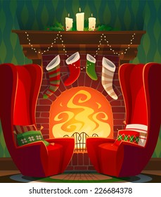 Fireplace. Christmas card \ poster \ banner. Vector illustration.