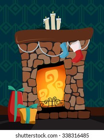 Fireplace. Christmas card poster banner. Vector illustration.