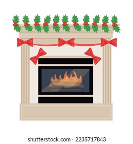 Fireplace with Christmas decor on white background