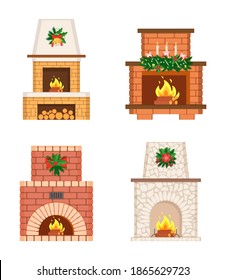 Fireplace Christmas decoration of stoves isolated icons vector. Candles and garlands, pine branches, wreath with mistletoe leaves and berries, bows