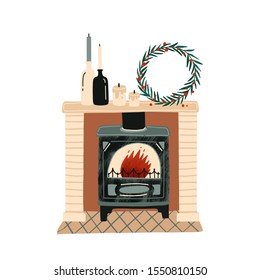 Fireplace with Christmas decorations flat vector illustration. New Year festive atmosphere. Home coziness. Decorated Xmas mantelpiece, room interior item. Winter holidays attributes.