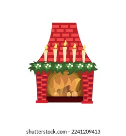 Fireplace with Christmas decorations and glowing candles on whit