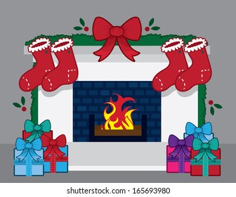 Fireplace with christmas decorations and stockings 