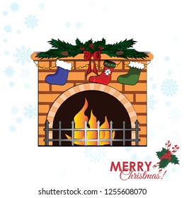 Fireplace with Christmas decorations. Vector color illustration