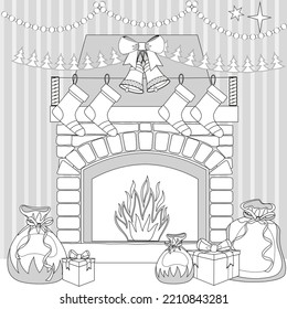 Fireplace with christmas decorationt. Coloring book page for children and adults.  Vector illustration