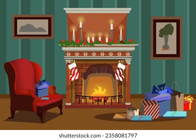 Fireplace and Christmas gifts in living room vector illustration. Cartoon drawing of stocking hanging on fireplace, gift box on armchair and floor. Christmas, winter holidays, interior design concept